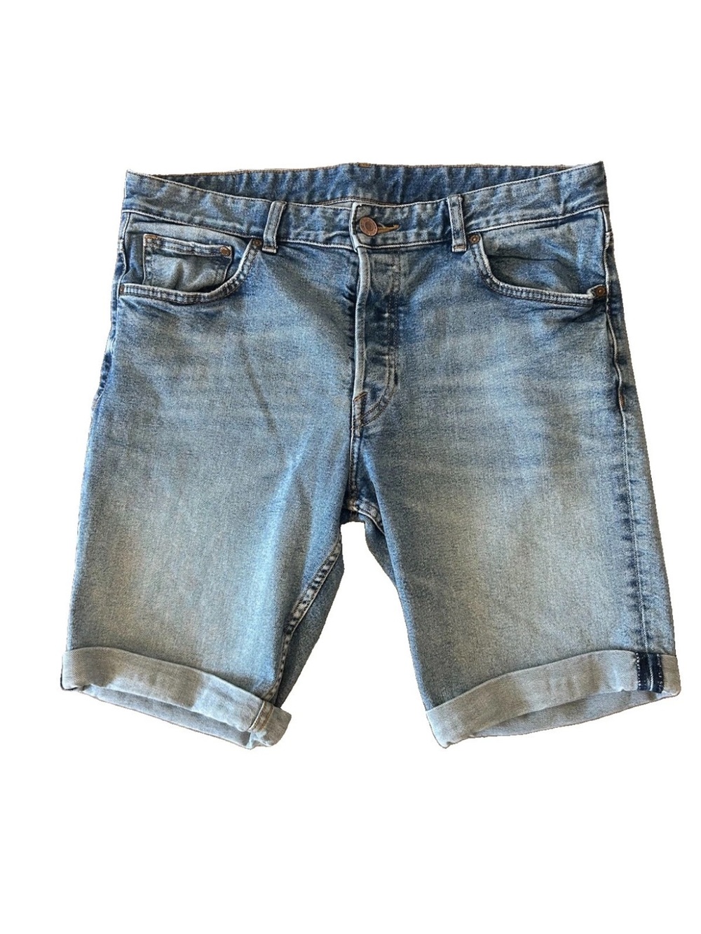 H&M &Denim Mens 34 Slim Fit Denim Shorts Blue Wash Cuffed Jorts Stretch 90s